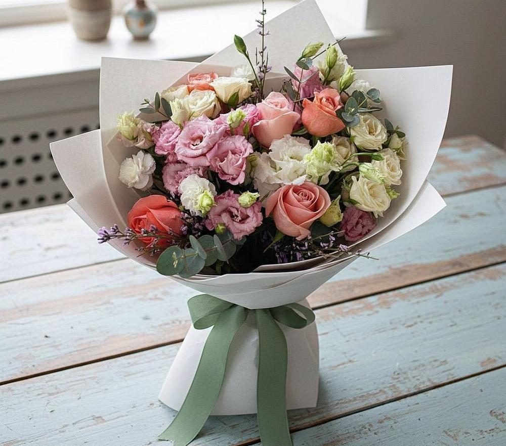 Букет цветов из: Розы, Лизиантусы и Гвоздики в Нижней Туре