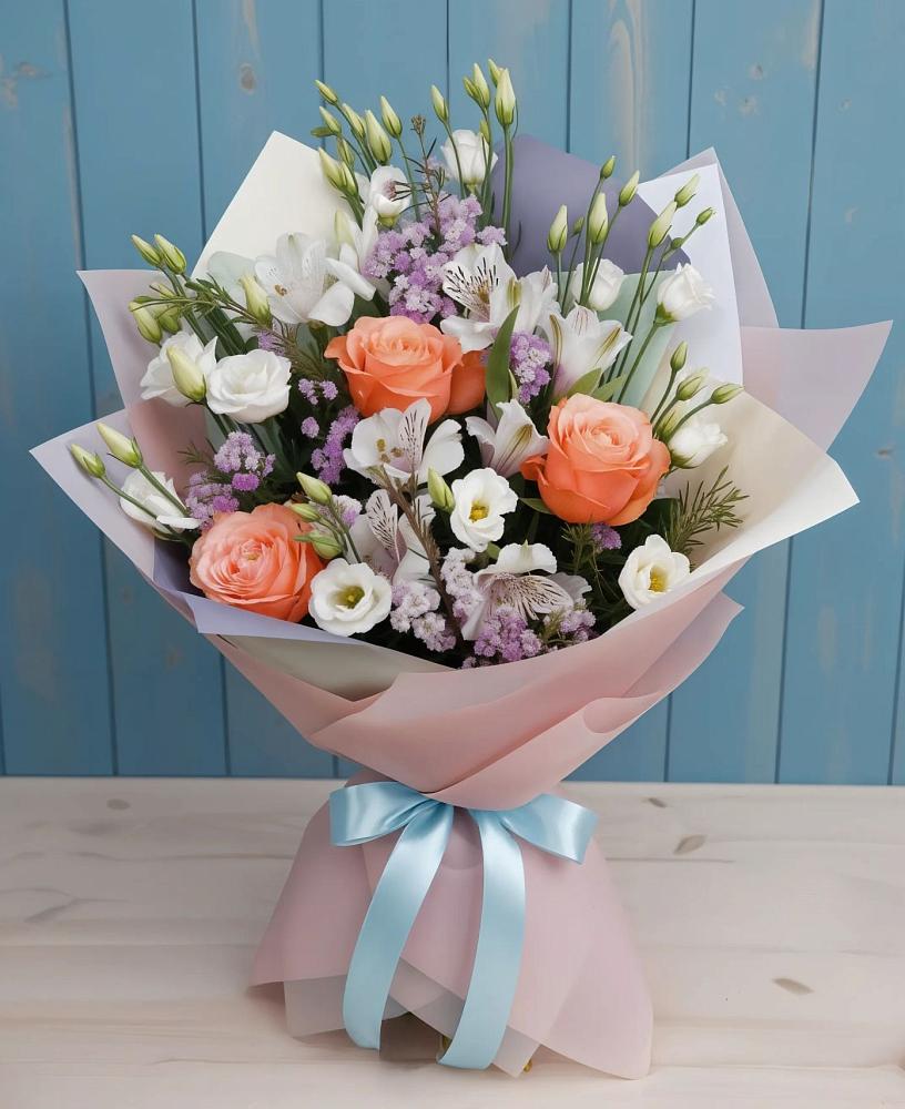 Букет цветов из: Лизиантусы, Розы, Альстромерии и Гипсофила в Нижней Туре
